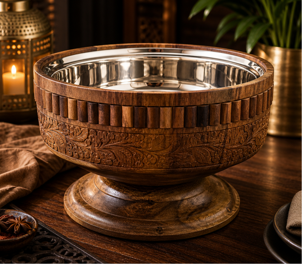 WOODLY SHEESHAM WOOD HOT POT SERVING BOWL WITH STAINLESS STEEL INNER