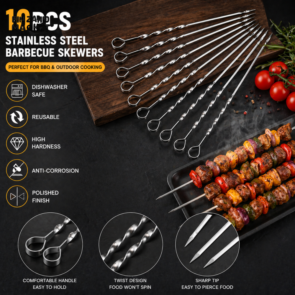 10 PIECES  PREMIUM STAINLESS STEEL BARBECUE SKEWERS SET