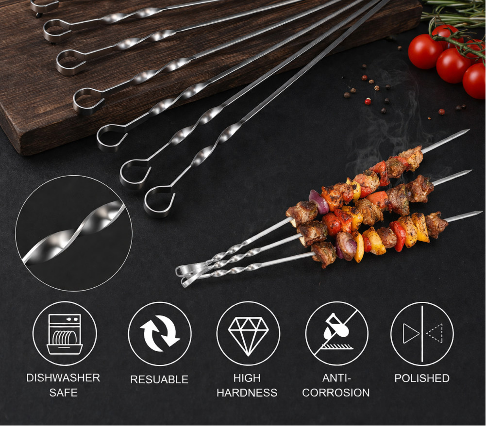 10 PIECES  PREMIUM STAINLESS STEEL BARBECUE SKEWERS SET
