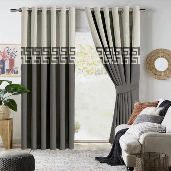 Pair of Laser Cutwork Versace Velvet Curtains Off-White on Grey With Tie Belts
