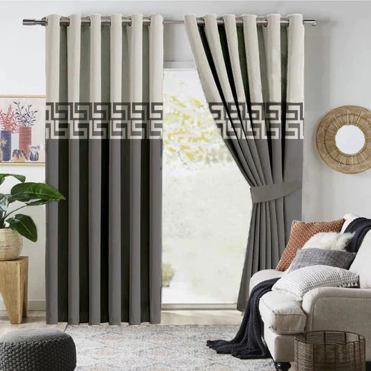Pair of Laser Cutwork Versace Velvet Curtains Off-White on Grey With Tie Belts
