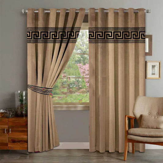 Pair of Laser Cutwork Versace Velvet Curtains Black on Beige With Tie Belts
