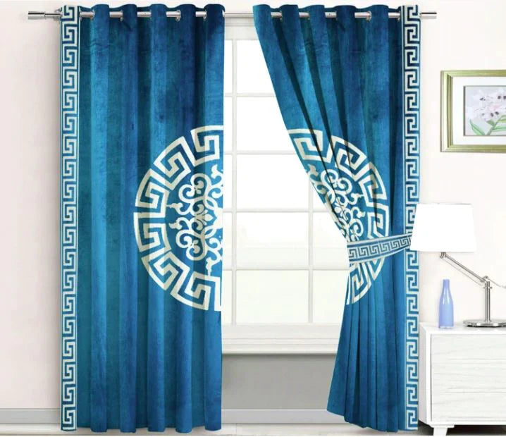 Pair of Laser Cutwork Versace Velvet Curtains Off-White on Ocean Blue With Tie Belts