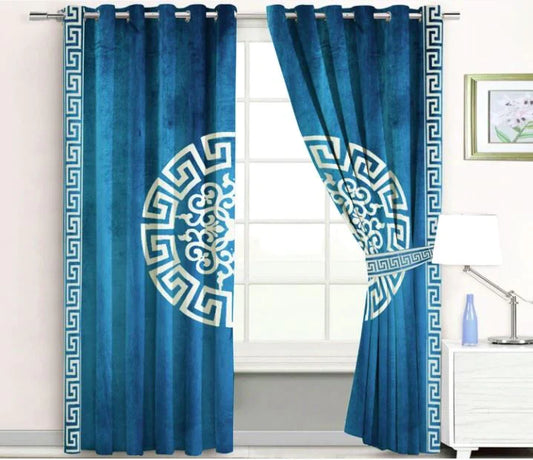 Pair of Laser Cutwork Versace Velvet Curtains Off-White on Ocean Blue With Tie Belts