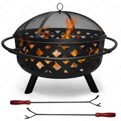 HEAVY DUTY OUTDOOR ROUND FIRE PIT BBQ GRILL WITH MESH LID WOOD CHARCOAL BURNING