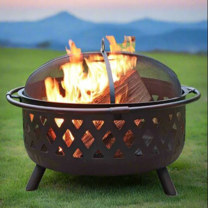 HEAVY DUTY OUTDOOR ROUND FIRE PIT BBQ GRILL WITH MESH LID WOOD CHARCOAL BURNING