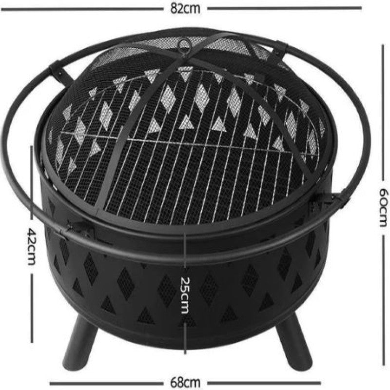 HEAVY DUTY OUTDOOR ROUND FIRE PIT BBQ GRILL WITH MESH LID WOOD CHARCOAL BURNING