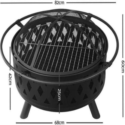 HEAVY DUTY OUTDOOR ROUND FIRE PIT BBQ GRILL WITH MESH LID WOOD CHARCOAL BURNING