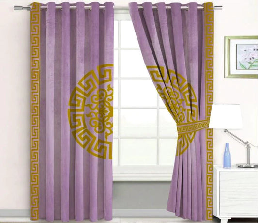 Pair of Laser Cutwork Versace Velvet Curtains Light Brown on Light Purple With Tie Belts