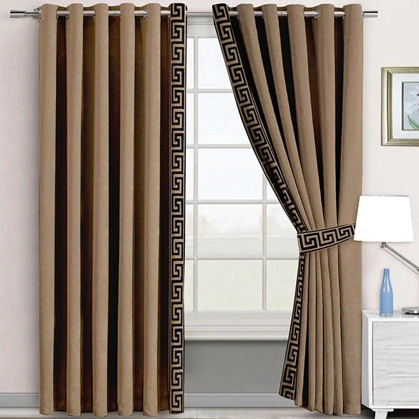 Pair of Laser Cutwork Versace Border Velvet Curtains Dark Brown on Beige With Tie Belts