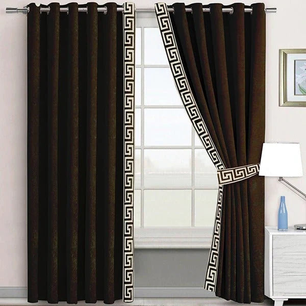 Pair of Laser Cutwork Versace Border Velvet Curtains Off-White on Dark Brown With Tie Belts