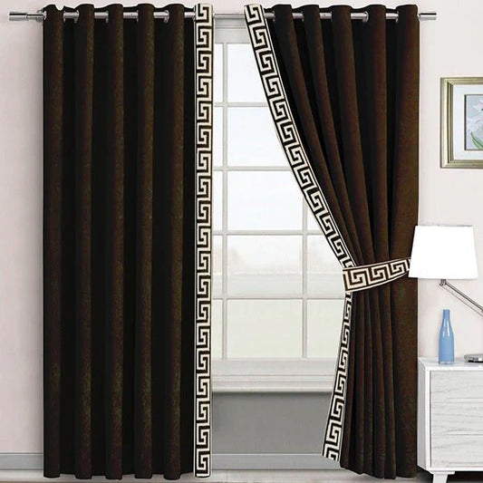 Pair of Laser Cutwork Versace Border Velvet Curtains Off-White on Dark Brown With Tie Belts