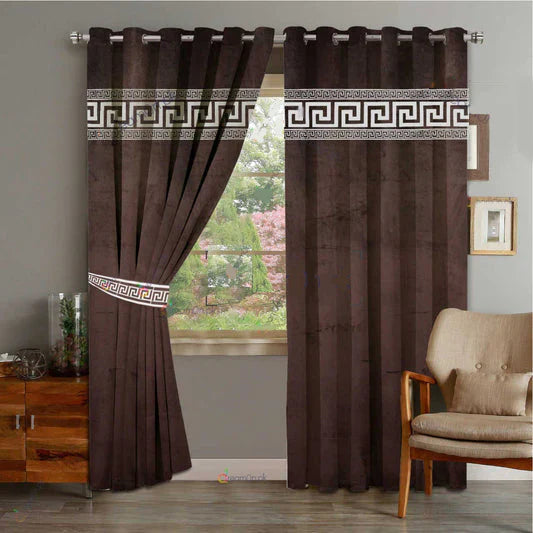 Pair of Laser Cutwork Versace Velvet Curtains White on Brown With Tie Belts