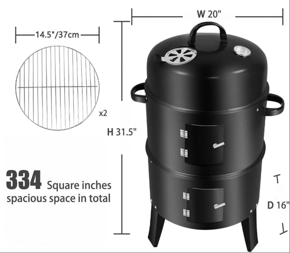 3-IN-1 VERTICAL CHARCOAL SMOKER BBQ GRILL 16 INCH SEPARABLE COMBO