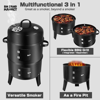 3-IN-1 VERTICAL CHARCOAL SMOKER BBQ GRILL 16 INCH SEPARABLE COMBO