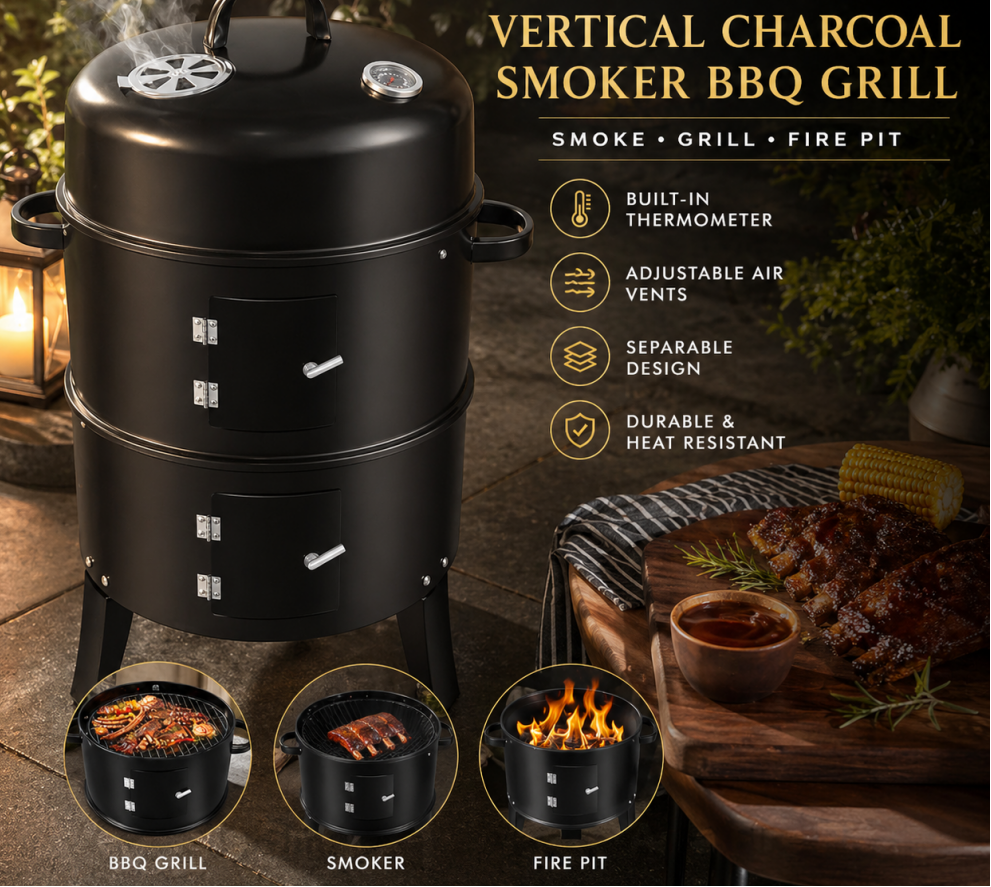 3-IN-1 VERTICAL CHARCOAL SMOKER BBQ GRILL 16 INCH SEPARABLE COMBO