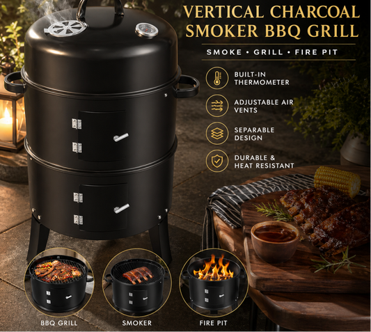 3-IN-1 VERTICAL CHARCOAL SMOKER BBQ GRILL 16 INCH SEPARABLE COMBO