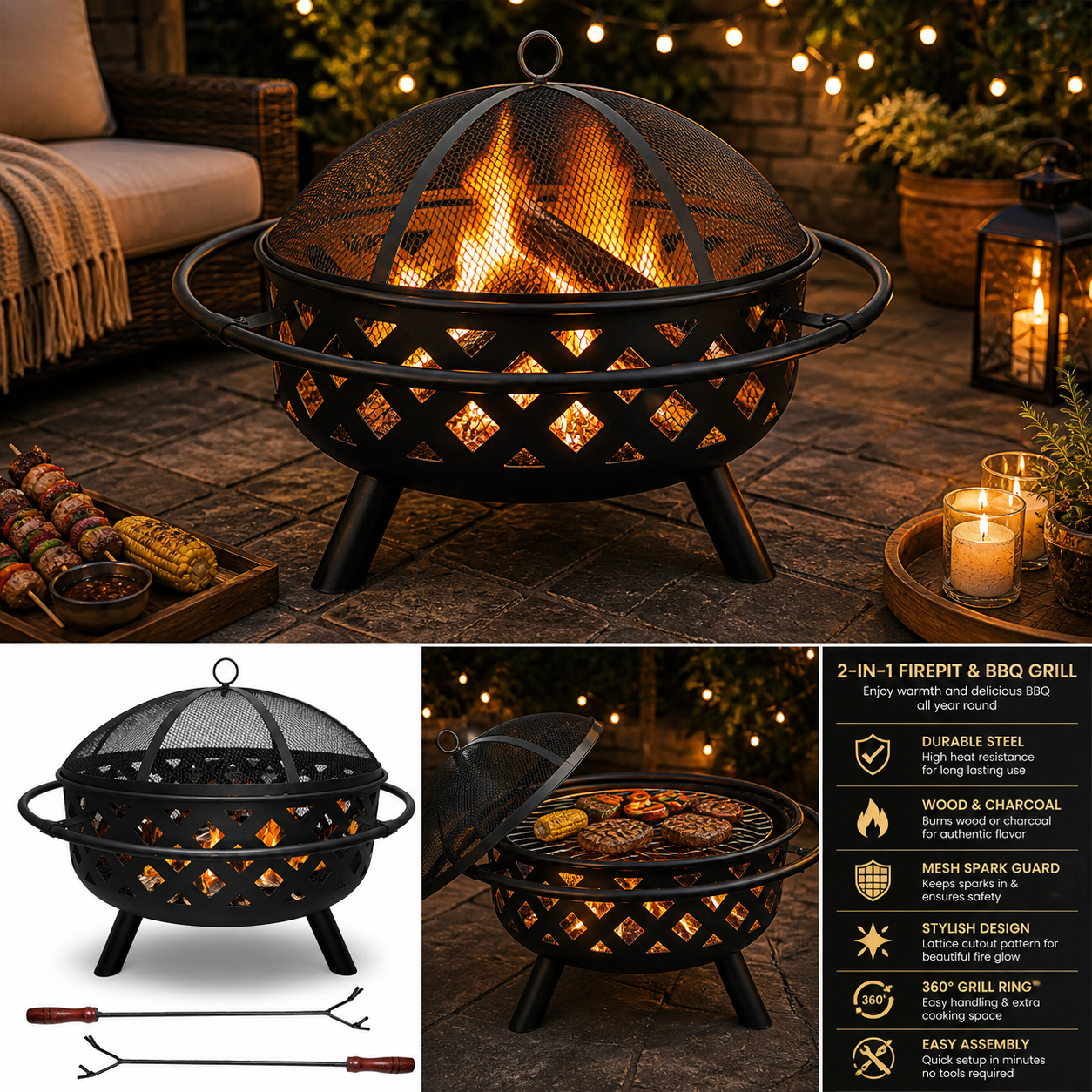HEAVY DUTY OUTDOOR ROUND FIRE PIT BBQ GRILL WITH MESH LID WOOD CHARCOAL BURNING