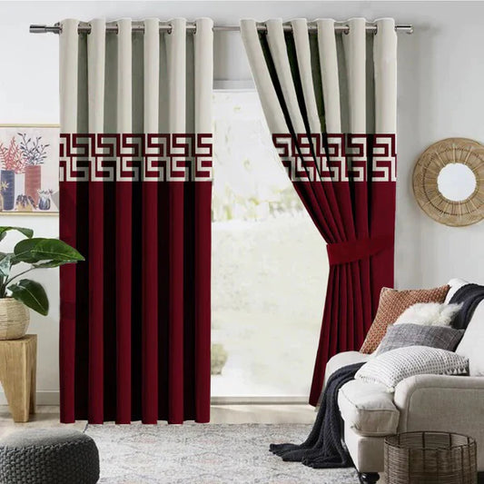 Pair of Laser Cutwork Versace Velvet Curtains Off-White on Maroon With Tie Belts