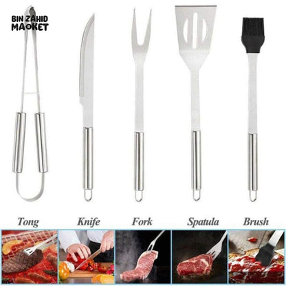 5 PIECE STAINLESS STEEL BBQ GRILL TOOL SET WITH CARRY BAG