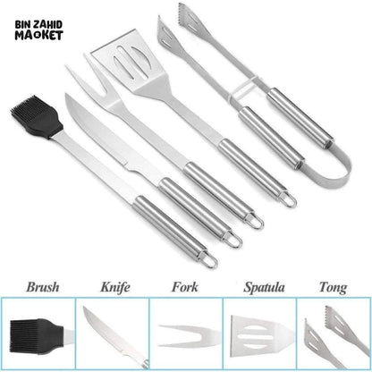 5 PIECE STAINLESS STEEL BBQ GRILL TOOL SET WITH CARRY BAG