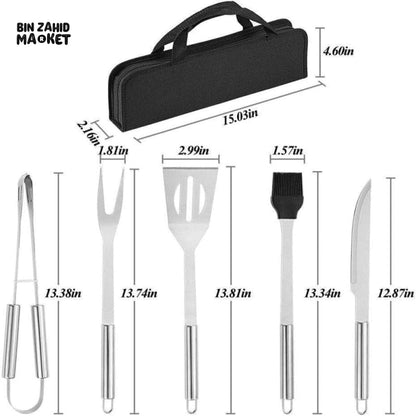 5 PIECE STAINLESS STEEL BBQ GRILL TOOL SET WITH CARRY BAG