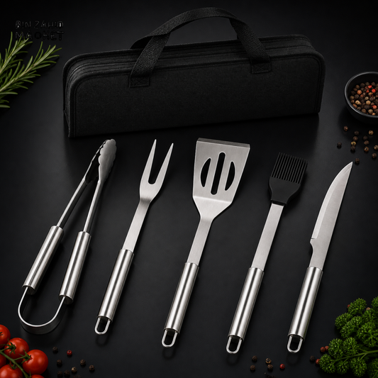 5 PIECE STAINLESS STEEL BBQ GRILL TOOL SET WITH CARRY BAG