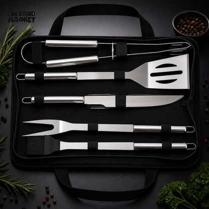 5 PIECE STAINLESS STEEL BBQ GRILL TOOL SET WITH CARRY BAG