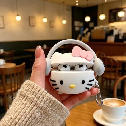 White Cartoon Cat Headphones AirPods Cover