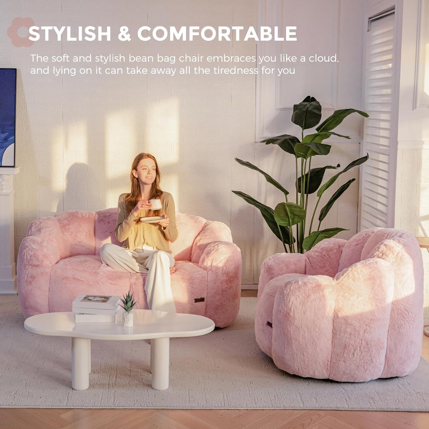 Bean Bag Chair for Adults, Floral Shaped Bean Bag Sofa | Ultra Soft Faux Fur Floor Sofa, Large Reading Chair for Living Room Bedroom, Pink, Single