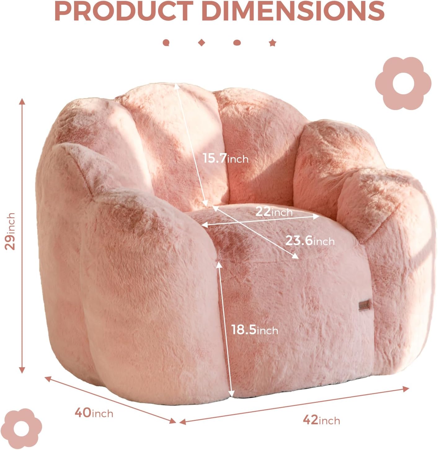 Bean Bag Chair for Adults, Floral Shaped Bean Bag Sofa | Ultra Soft Faux Fur Floor Sofa, Large Reading Chair for Living Room Bedroom, Pink, Single