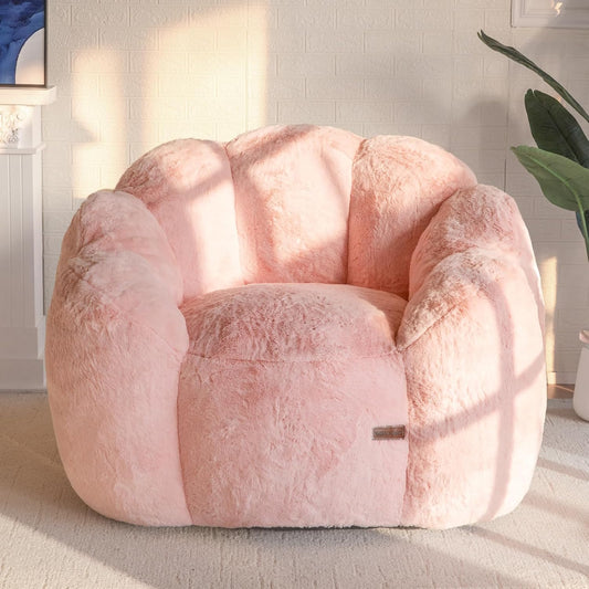 Bean Bag Chair for Adults, Floral Shaped Bean Bag Sofa | Ultra Soft Faux Fur Floor Sofa, Large Reading Chair for Living Room Bedroom, Pink, Single