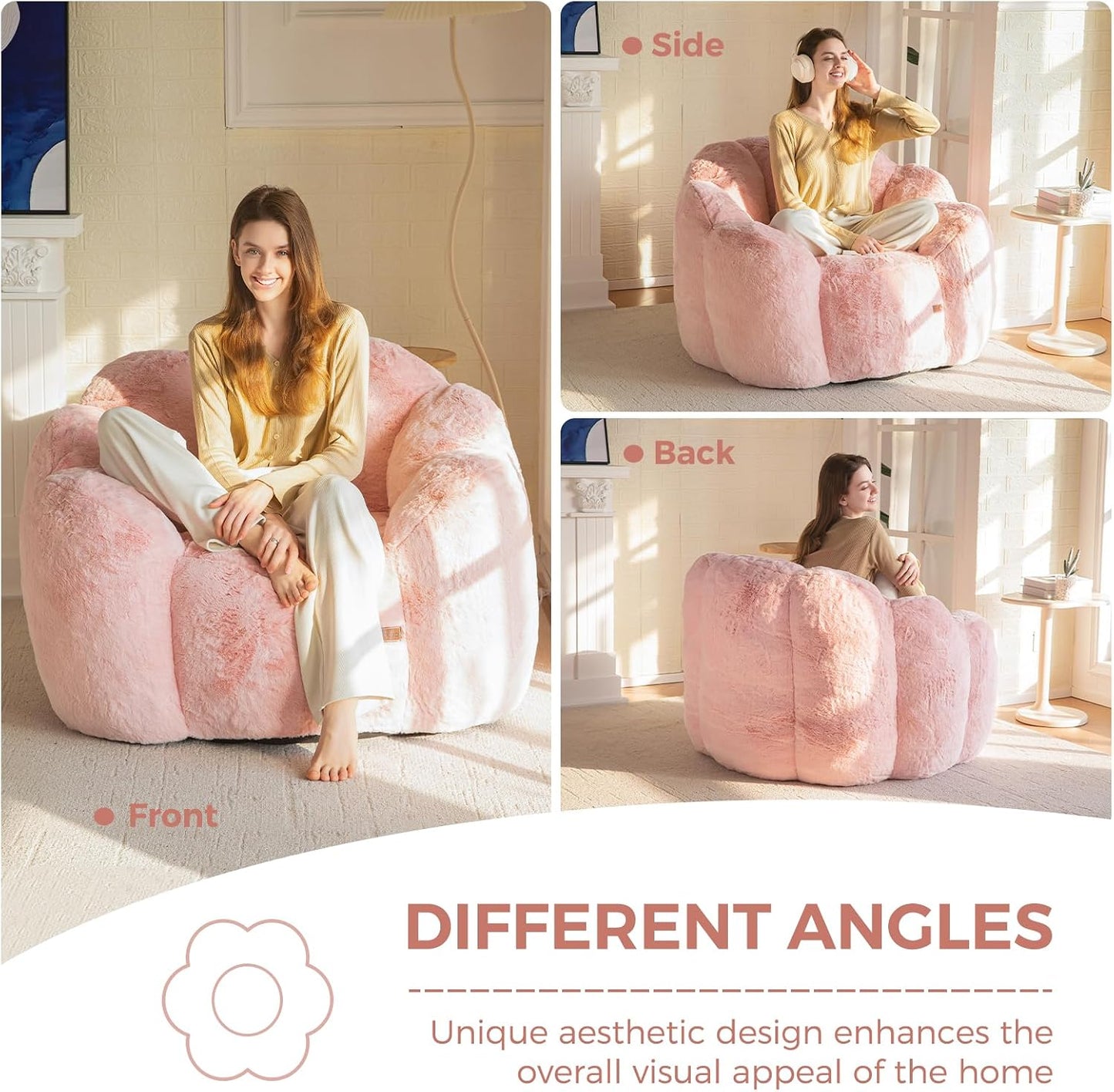 Bean Bag Chair for Adults, Floral Shaped Bean Bag Sofa | Ultra Soft Faux Fur Floor Sofa, Large Reading Chair for Living Room Bedroom, Pink, Single