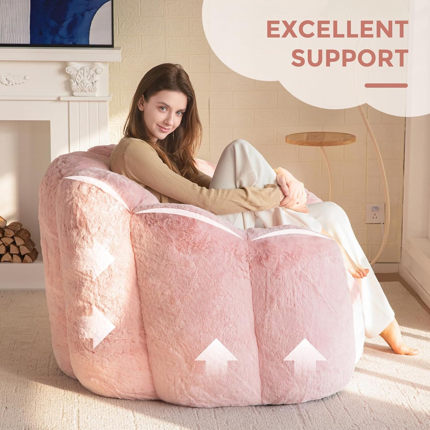 Bean Bag Chair for Adults, Floral Shaped Bean Bag Sofa | Ultra Soft Faux Fur Floor Sofa, Large Reading Chair for Living Room Bedroom, Pink, Single