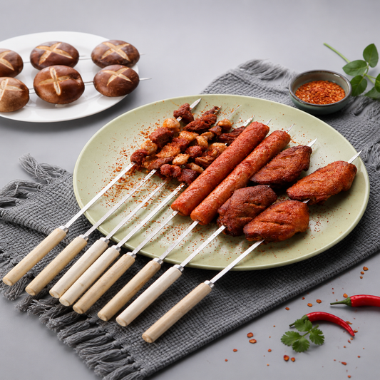REUSABLE FLAT BBQ SKEWERS SET WITH WOODEN HANDLE  29CM PACK OF 6