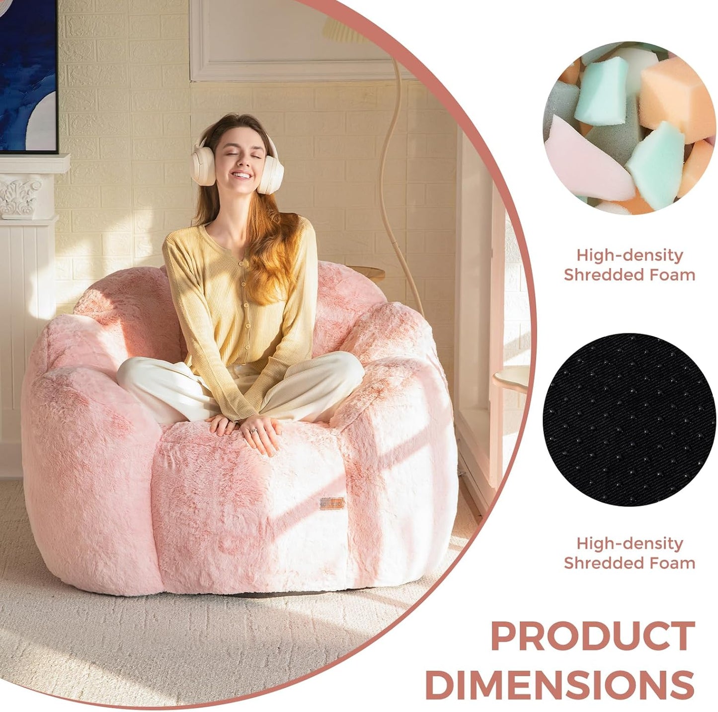 Bean Bag Chair for Adults, Floral Shaped Bean Bag Sofa | Ultra Soft Faux Fur Floor Sofa, Large Reading Chair for Living Room Bedroom, Pink, Single