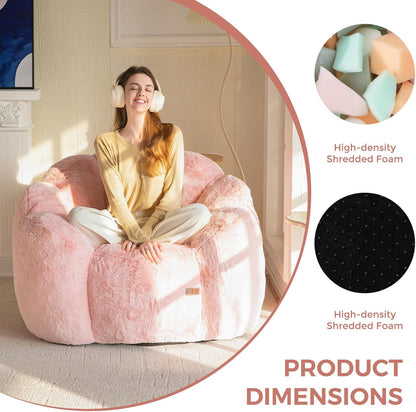 Bean Bag Chair for Adults, Floral Shaped Bean Bag Sofa | Ultra Soft Faux Fur Floor Sofa, Large Reading Chair for Living Room Bedroom, Pink, Single