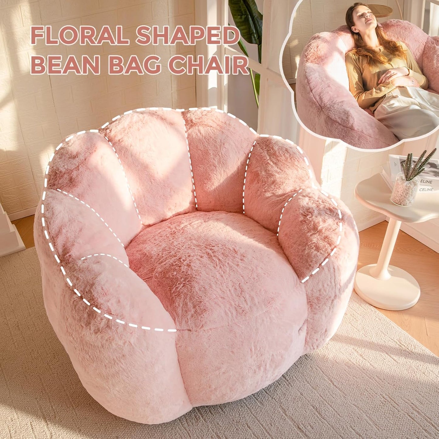 Bean Bag Chair for Adults, Floral Shaped Bean Bag Sofa | Ultra Soft Faux Fur Floor Sofa, Large Reading Chair for Living Room Bedroom, Pink, Single