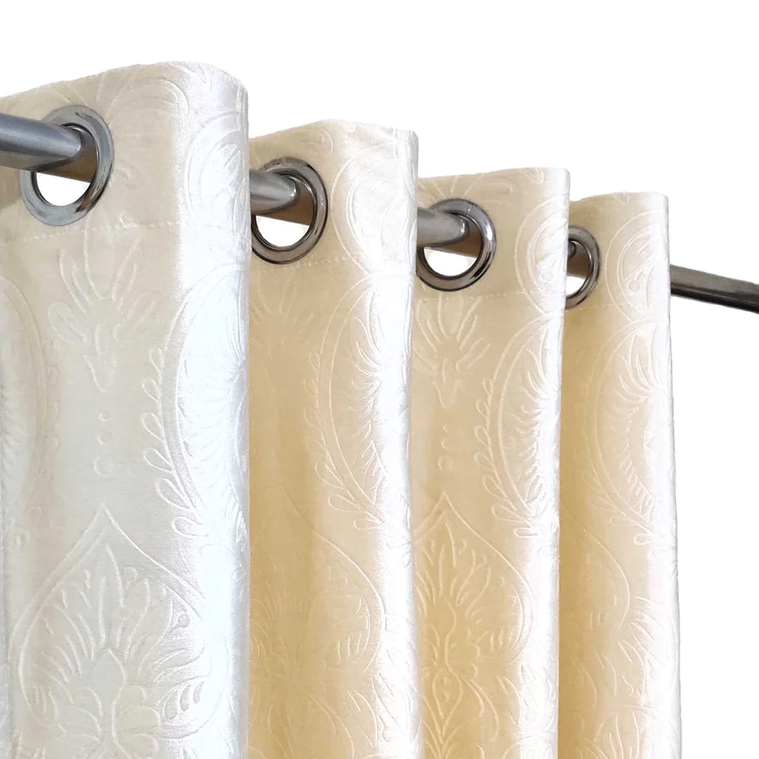 Pair Of Branched Leaves Embossed Velvet Curtains In Off White Color