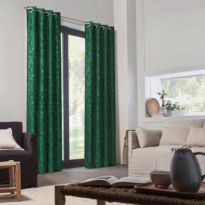 Pair Of Branched Leaves Embossed Velvet Curtains In Green Color