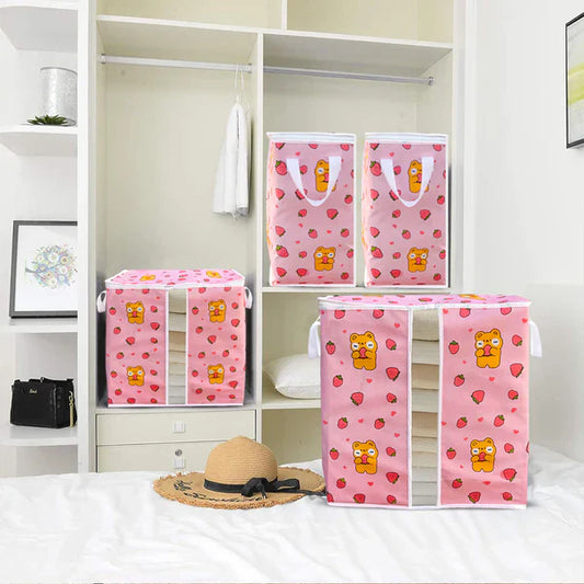 120 & 110 GSM Non Woven Pink Storage Bag In Strawberry & Bear Print