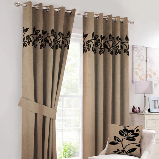 Pair of Laser Cutwork Floral Velvet Curtains Brown on Beige With Tie Belts