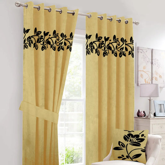 Pair of Laser Cutwork Floral Velvet Curtains Black on Yellow With Tie Belts