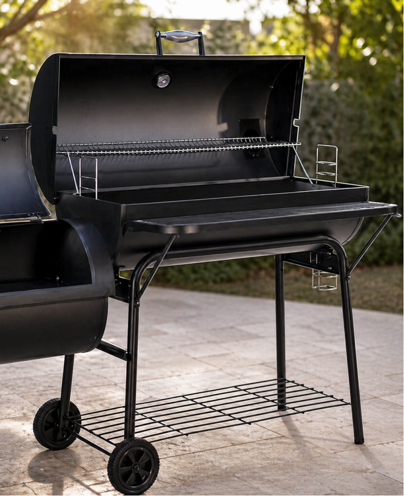 BBQ CHARCOAL GRILL WITH OFFSET SMOKER 2 WHEELS OUTDOOR PIT GRILL FOR GARDEN TERRACE CAMPING BEACH