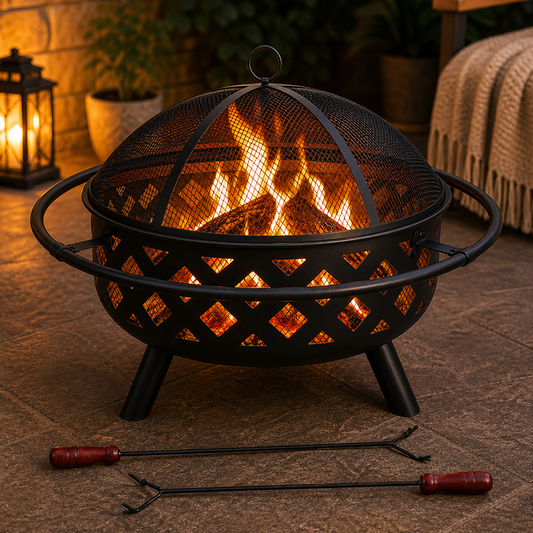 HEAVY DUTY OUTDOOR ROUND FIRE PIT BBQ GRILL WITH MESH LID WOOD CHARCOAL BURNING