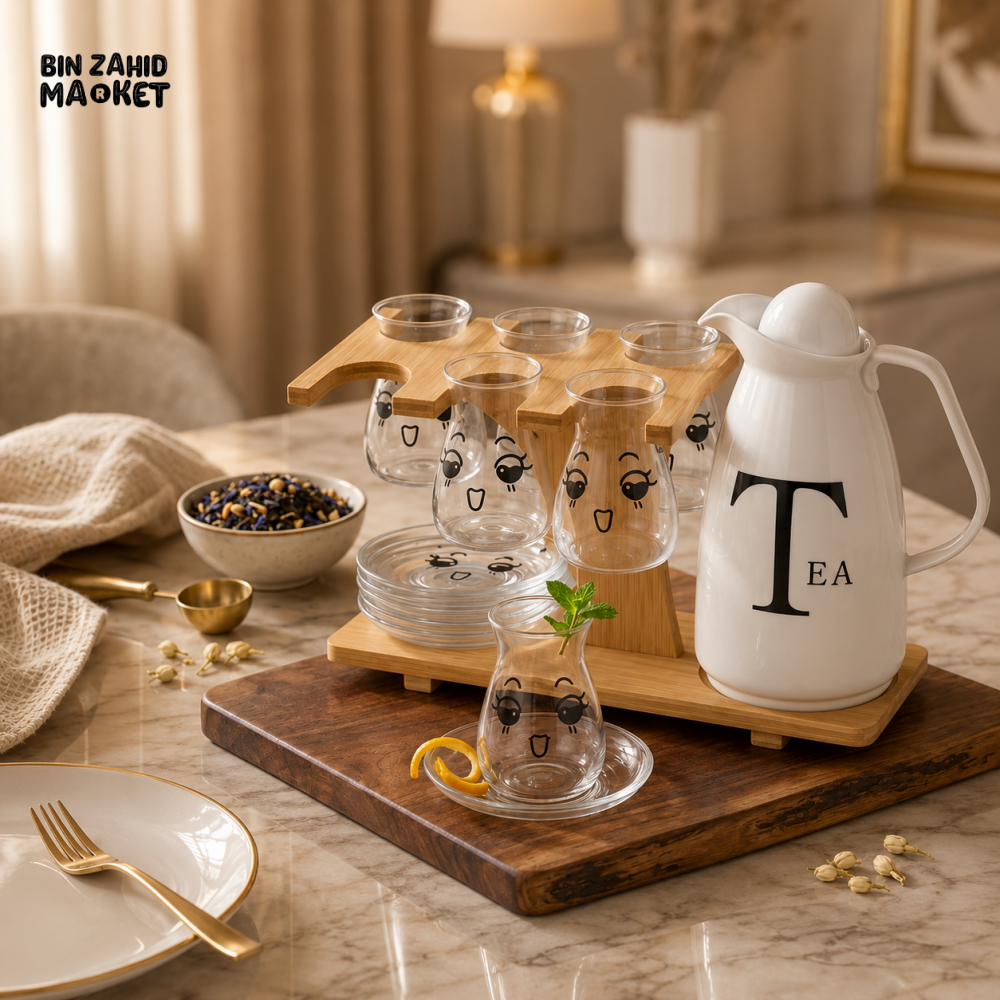 CERALUXE 7-PIECE TEA SERVING SET WITH WOODEN STAND