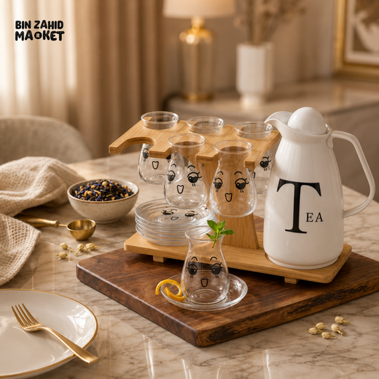 CERALUXE 7-PIECE TEA SERVING SET WITH WOODEN STAND
