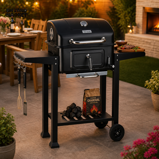 CHARCOAL BBQ GRILL TROLLEY WITH ADJUSTABLE COAL TRAY & THERMOMETER