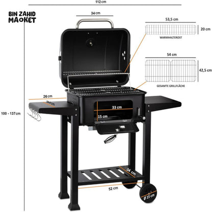 CHARCOAL BBQ GRILL TROLLEY WITH ADJUSTABLE COAL TRAY & THERMOMETER