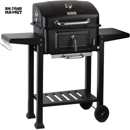 CHARCOAL BBQ GRILL TROLLEY WITH ADJUSTABLE COAL TRAY & THERMOMETER